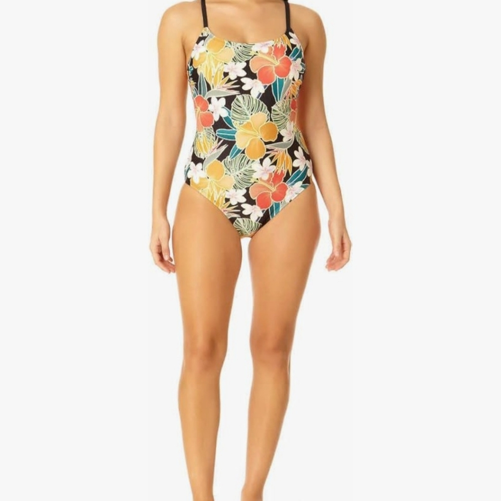 Floral‎ One Piece Swimsuit Tropical Print Black Orange Yellow Bathing Suit Sz L - Picture 15 of 16